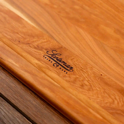 Cherry Barbecue Board with handles. Close up of Scotsman logo. 