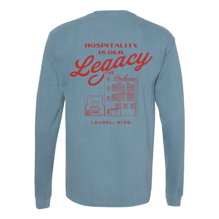 Hospitality is Our Legacy Pale Blue Long Sleeve T-Shirt
