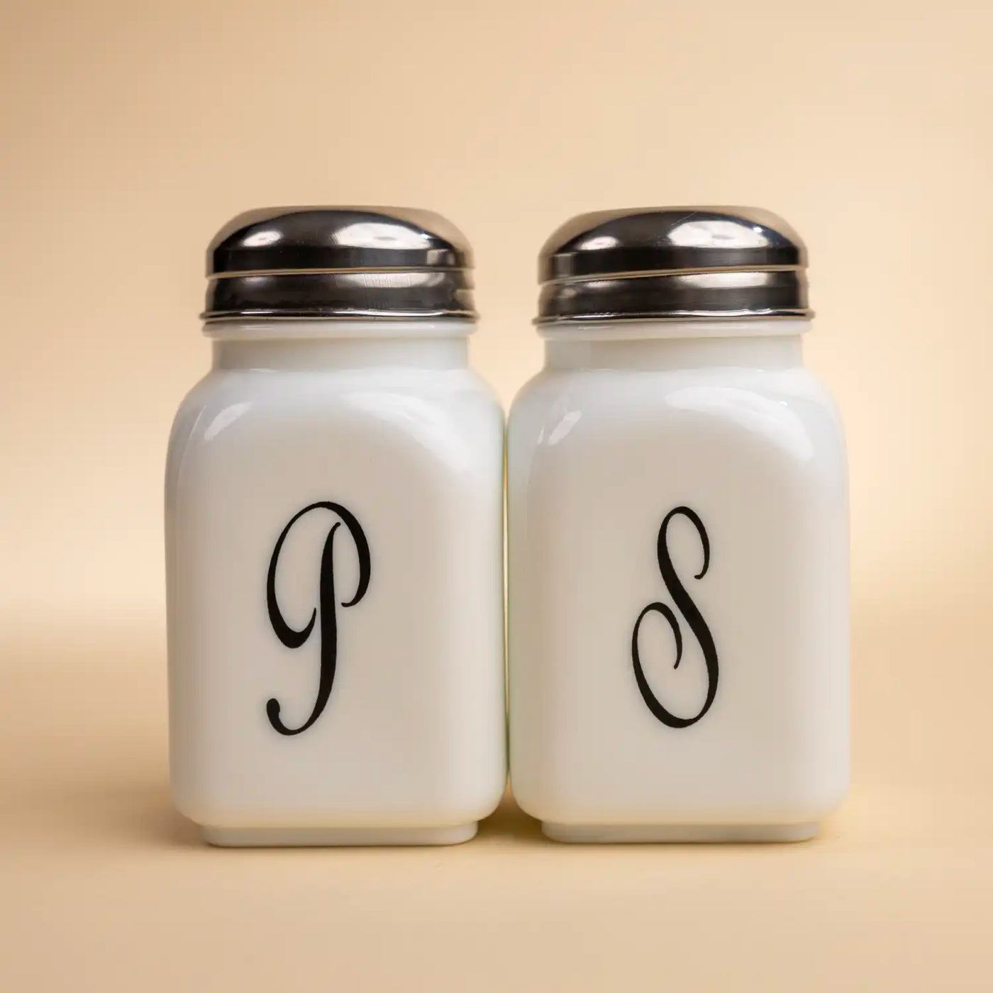 Milk Glass Vintage Salt and Pepper Shakers with Monogram