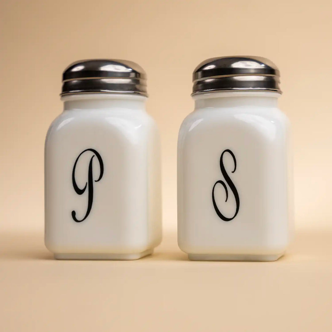 Milk Glass Vintage Salt & Pepper Shakers with Monogram – Laurel Milk Glass Vintage Salt & Pepper Shakers with Monogram – Laurel
