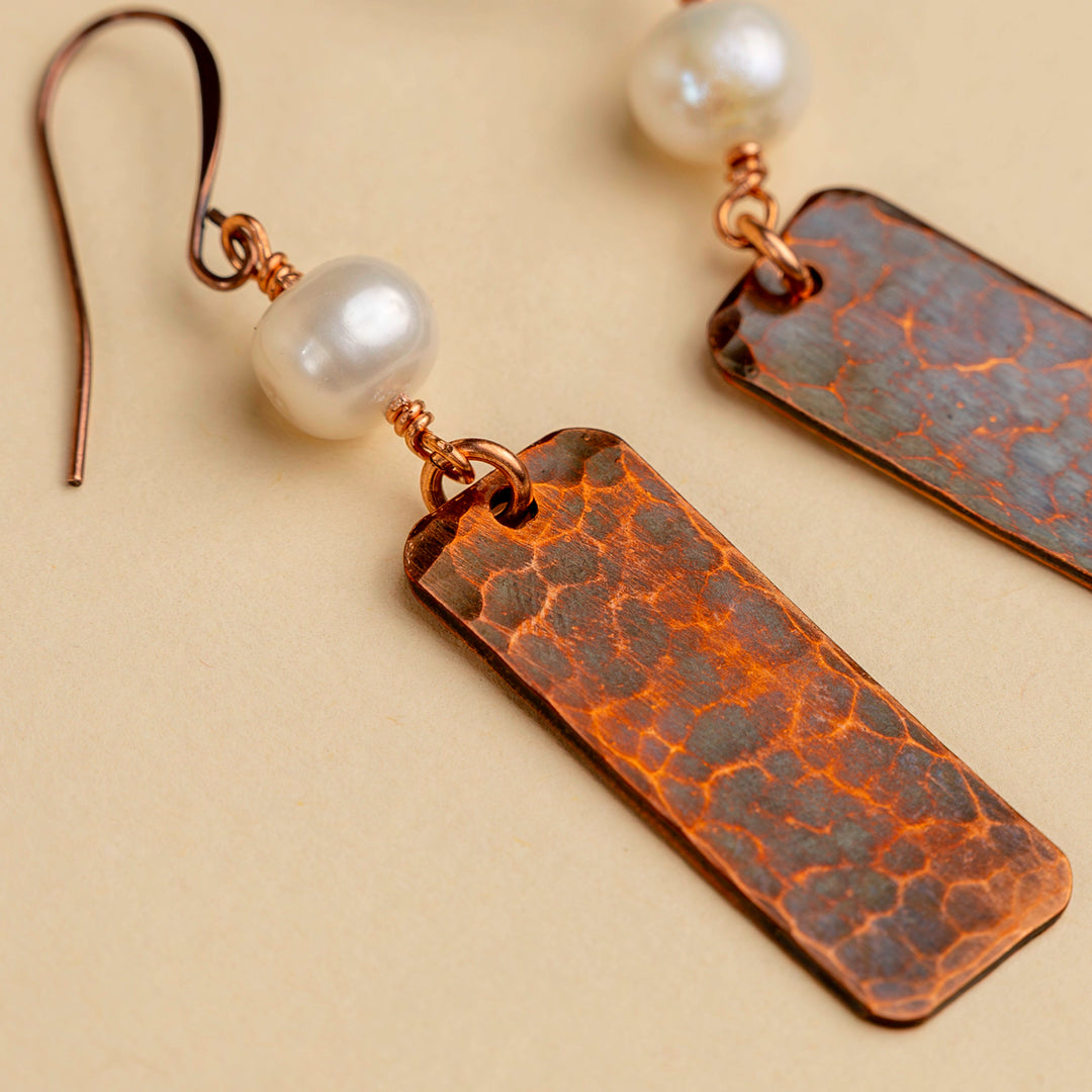 Novi Copper Rectangle with Freshwater Peal Earrings